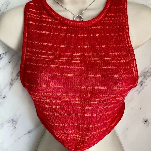 Urban Renewal Vintage Remnants Pink/Red Tie-Back Knit Wrap Crop Top - Picture 6 of 7